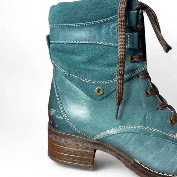 Dromedaris Kara Scrunched Leather and Suede Teal combat-style boots w/ faux fur - Picture 3 of 7